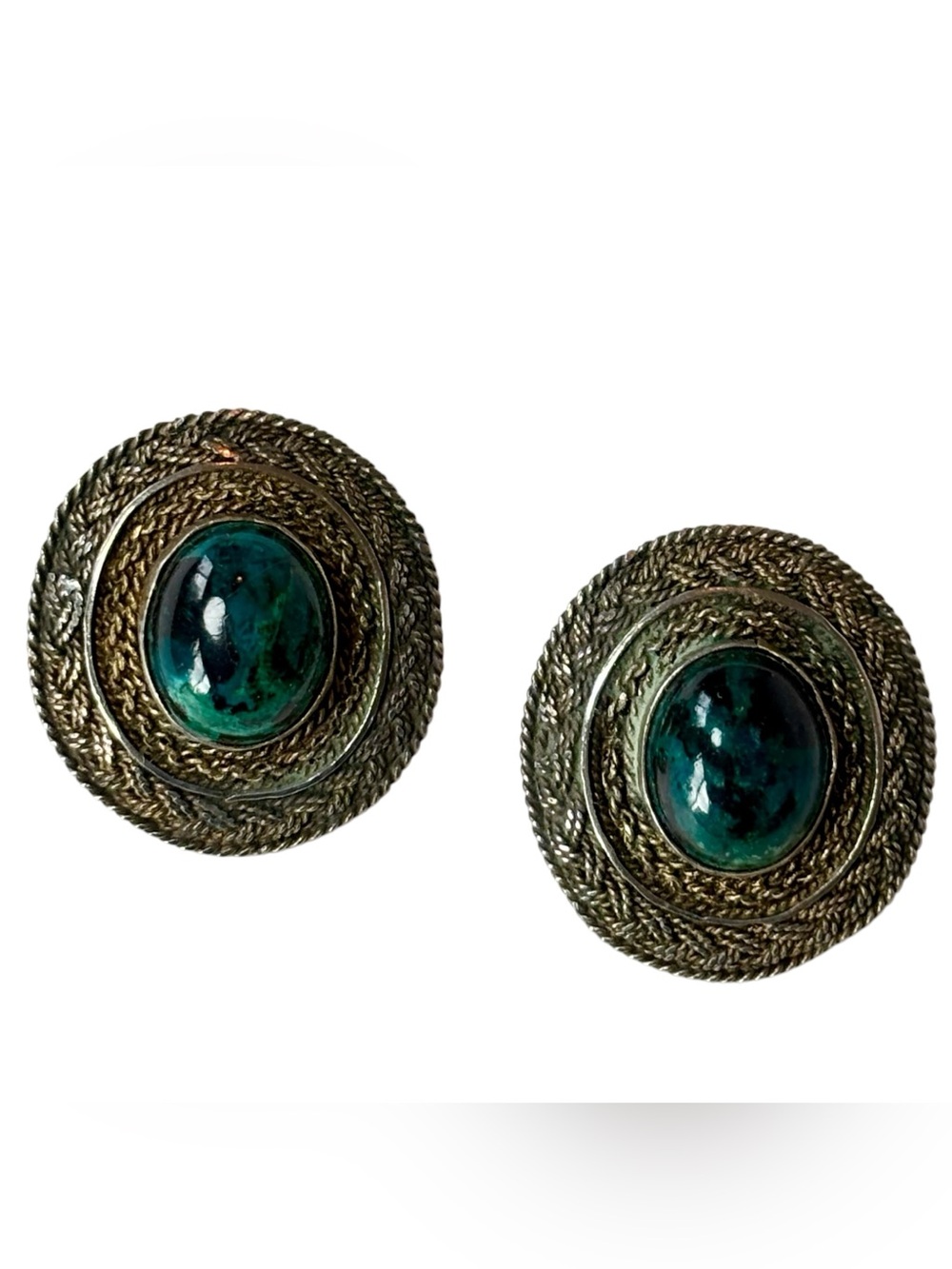 Vintage Teal Cabochon Clip On Earrings Silver Tone Rope Swirl Statement Earrings